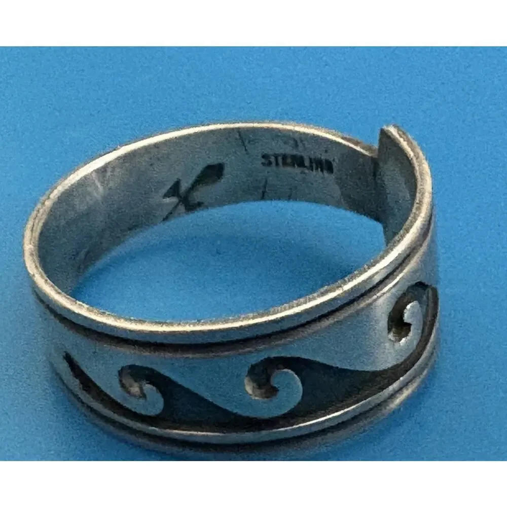 Vintage Oxidized Sterling Silver Wave Band Ring Sz 12 Mens Surf Tribal Boho